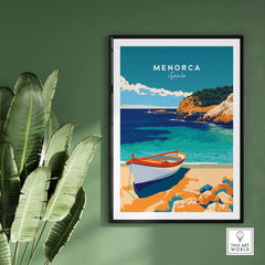 Menorca Travel Poster showcasing vibrant colors and Mediterranean beauty of Menorca, Spain.