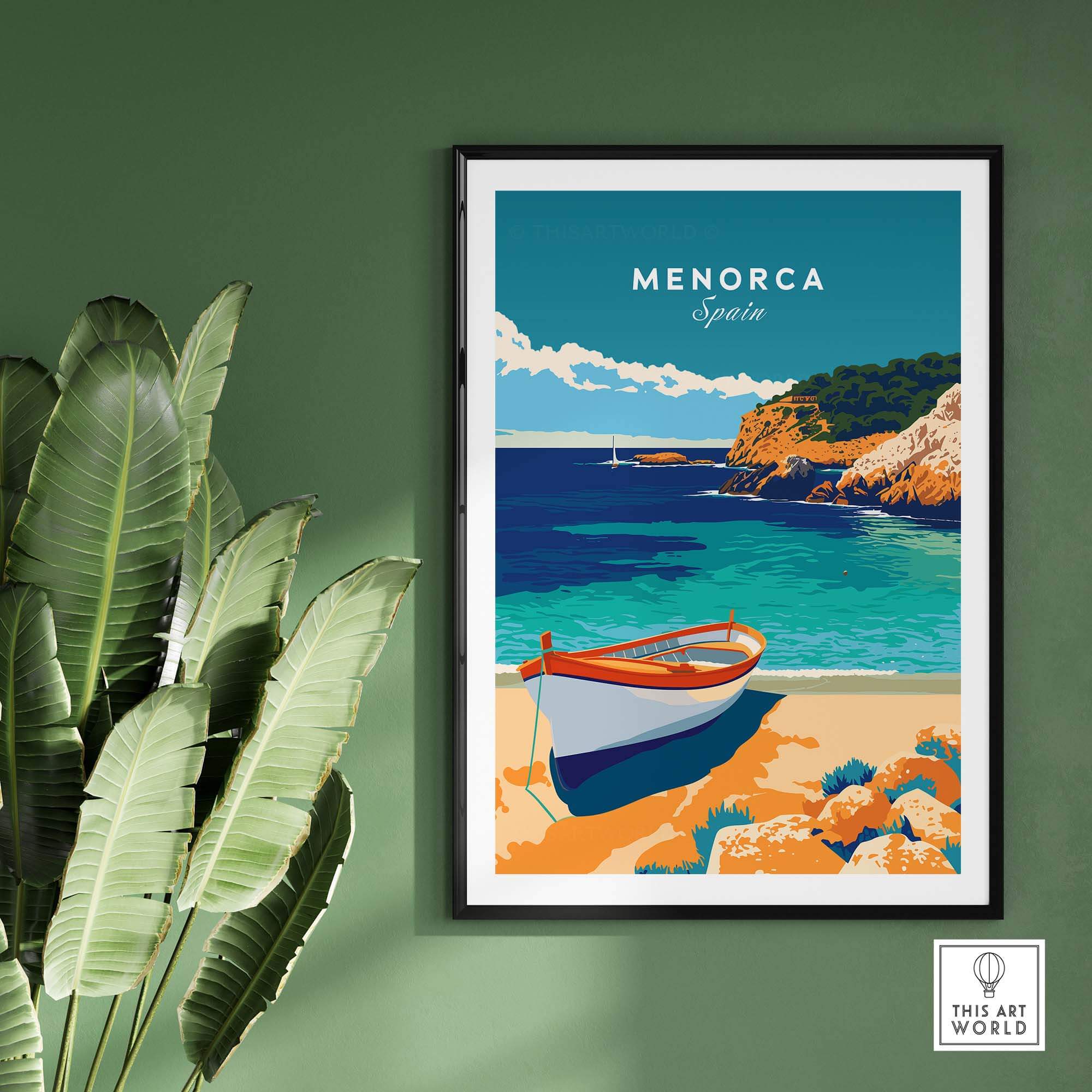 Menorca Travel Poster showcasing vibrant colors and Mediterranean beauty of Menorca, Spain.