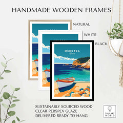 Menorca Travel Poster framed in handmade wooden frames in natural, white, and black finishes, showcasing beach scenery.