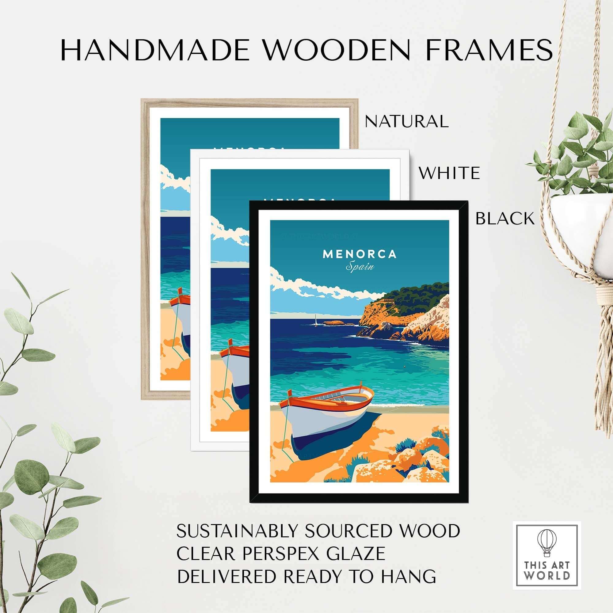 Menorca Travel Poster framed in handmade wooden frames in natural, white, and black finishes, showcasing beach scenery.