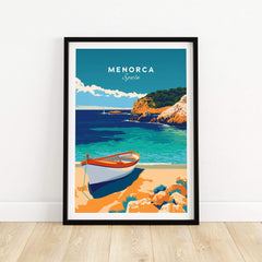 Menorca Travel Poster showcasing a vibrant coastal scene with a boat and blue waters in Spain.