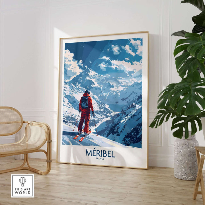 Meribel Ski Print featuring a skier in the French Alps, vibrant wall art capturing the essence of skiing in Meribel.