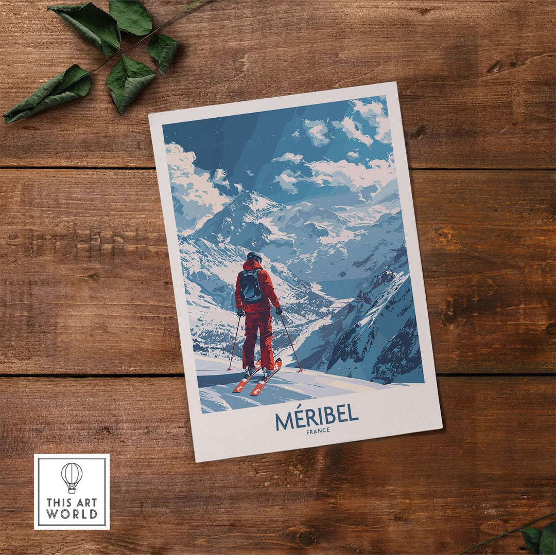 Meribel Ski Print featuring a skier on slopes with mountains in the background, showcasing the beauty of France's ski destination.