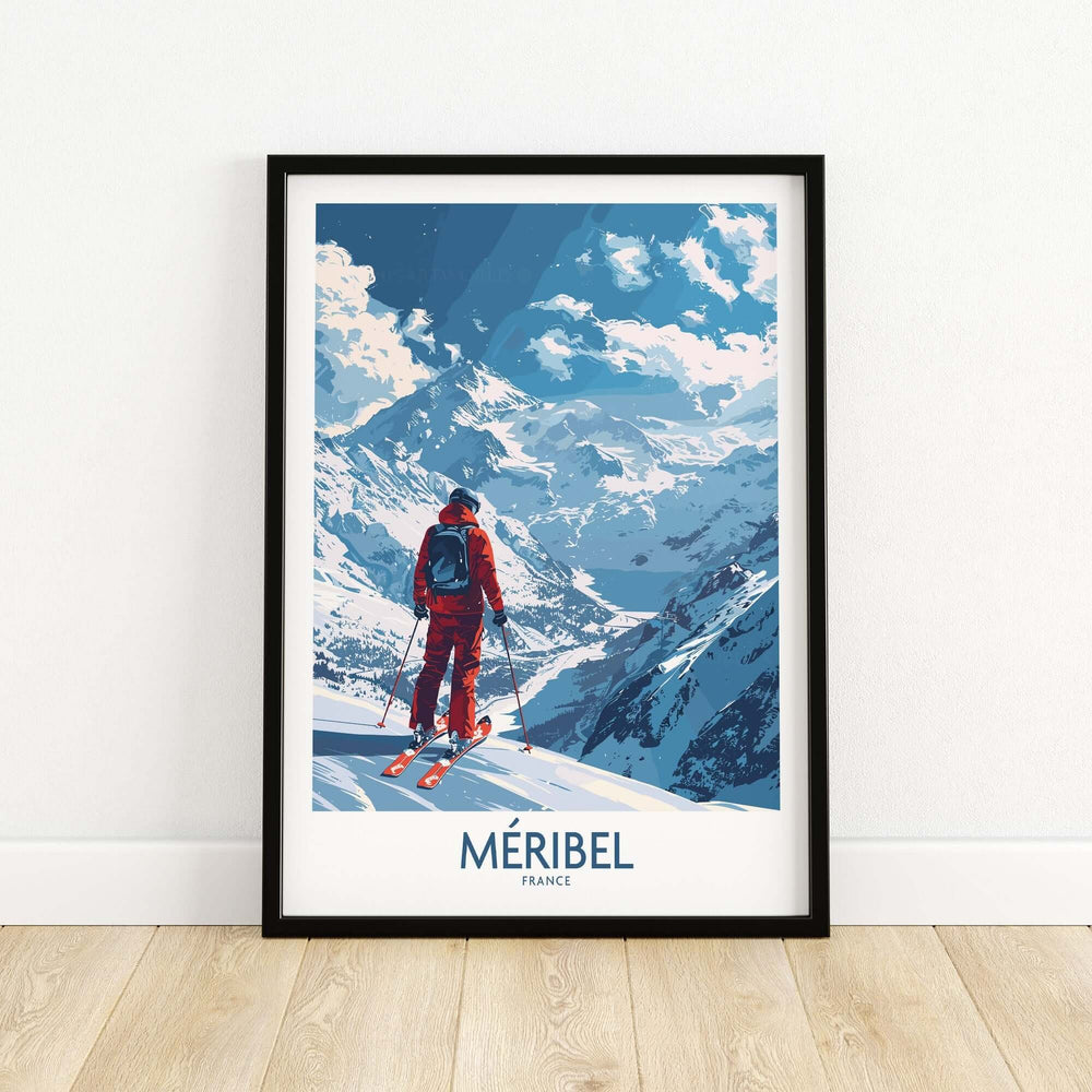 Meribel Ski Print featuring a skier in red overlooking the mountains of Meribel, France, perfect for ski wall art decor.