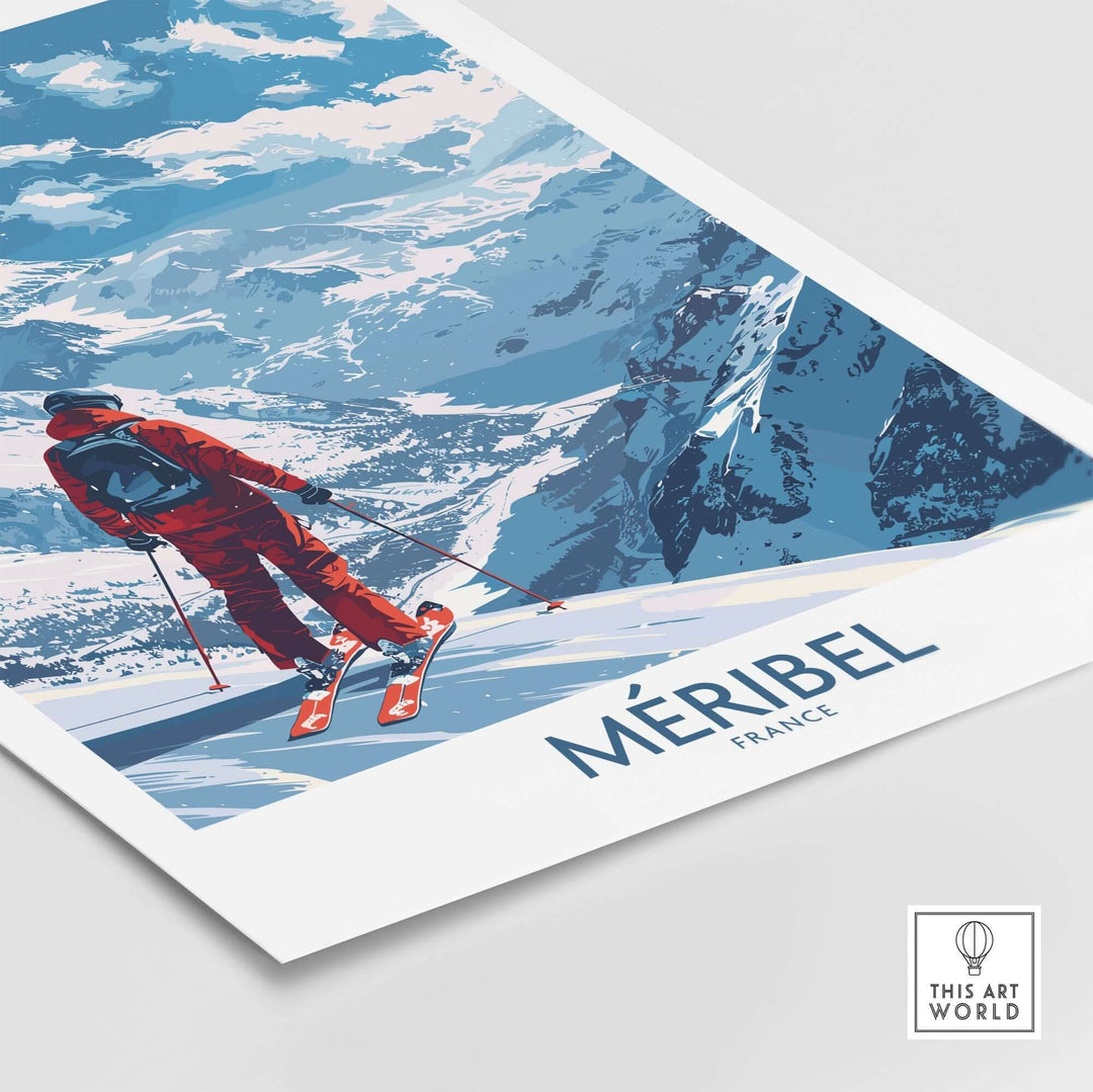 Meribel Ski Print featuring a skier on snowy slopes in France, capturing the vibrant beauty of the iconic ski destination.