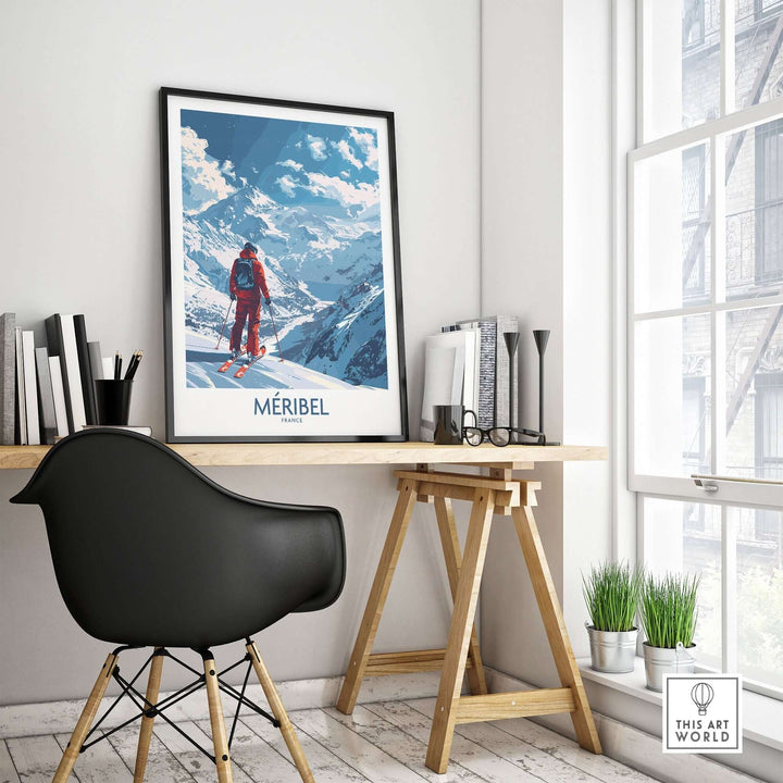 Meribel Ski Print displayed in a modern home office, showcasing the beauty of French ski slopes.