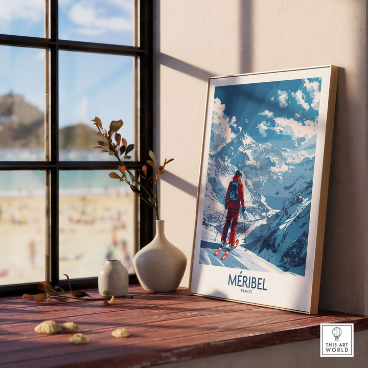 Meribel Ski Print showcasing a skier in the French Alps, framed art piece enhancing home décor and ski memories.