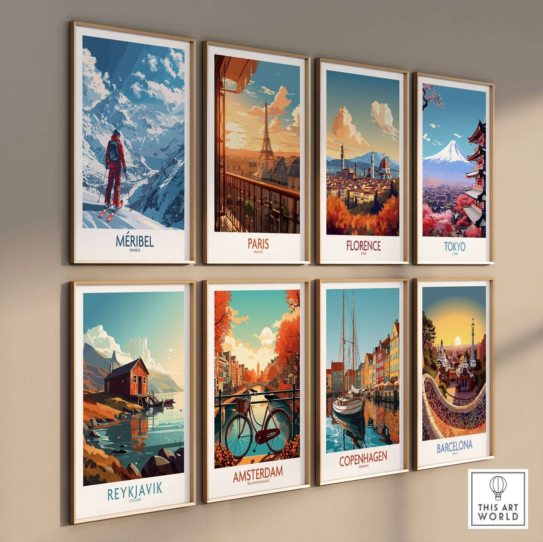 Colorful wall art featuring ski and city prints, including Meribel, Paris, Florence, Tokyo, and more. Perfect for travel enthusiasts.