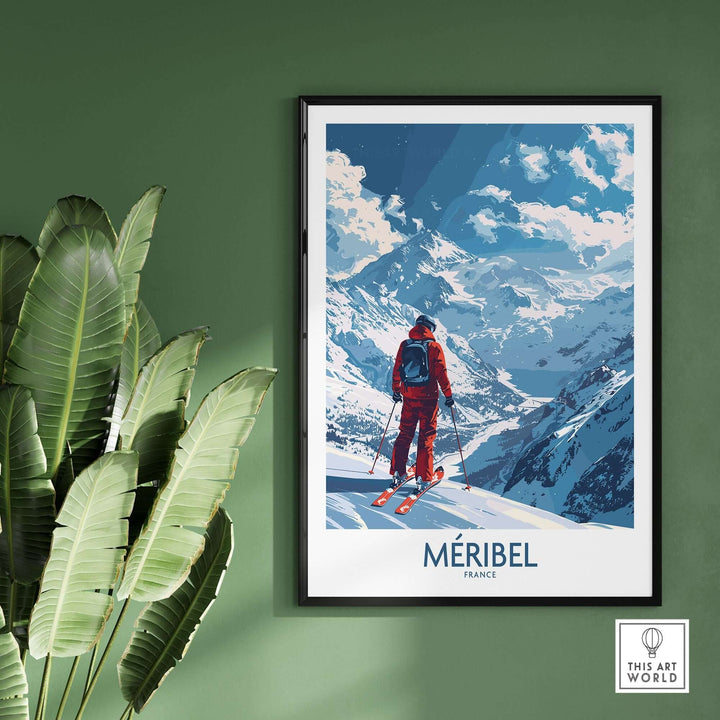 Meribel ski print showcasing a skier in the mountains of France, perfect for ski wall art and home decor.