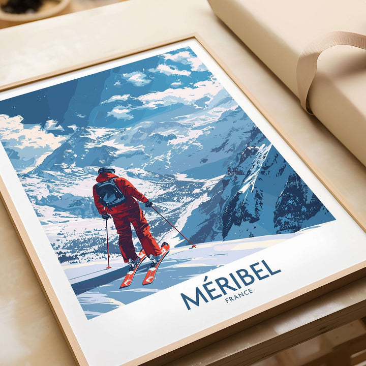 Meribel Ski Print featuring a skier overlooking the slopes of Meribel, France, framed in a stylish design.