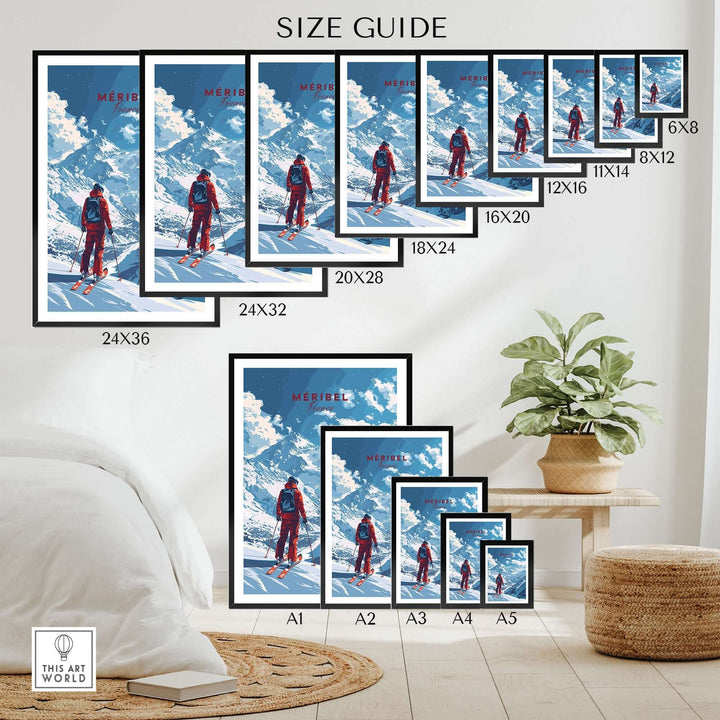 Size guide for Meribel travel poster featuring a ski scene, displayed in various frame sizes in a cozy room setting.