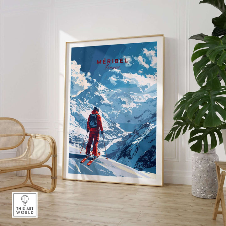 Meribel travel poster showcasing a skier on snowy mountains, perfect for ski wall art in a stylish home setting.