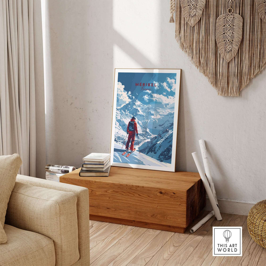 Meribel travel poster in a stylish living room, showcasing a skier against a snowy mountain backdrop, perfect for ski enthusiasts.