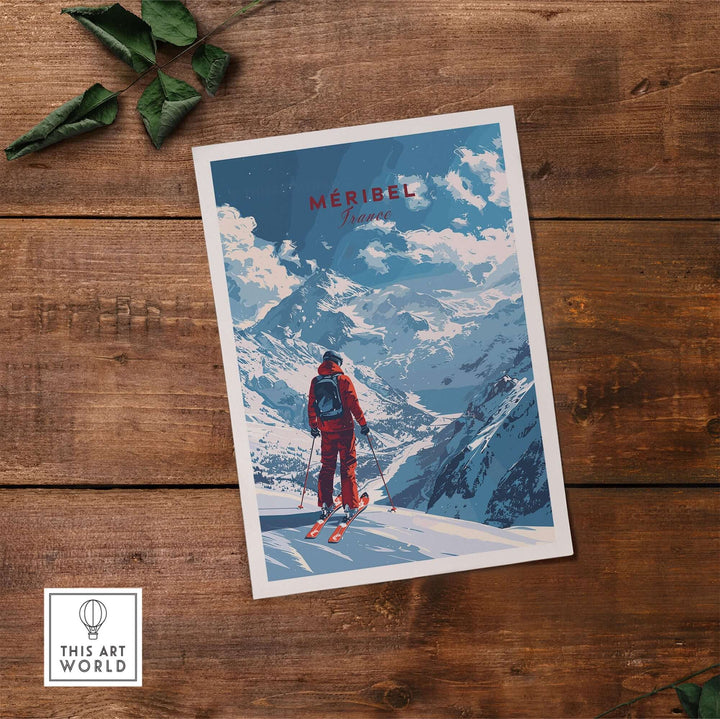 Meribel travel poster featuring a skier against a stunning mountain backdrop, capturing the thrill of skiing in France.