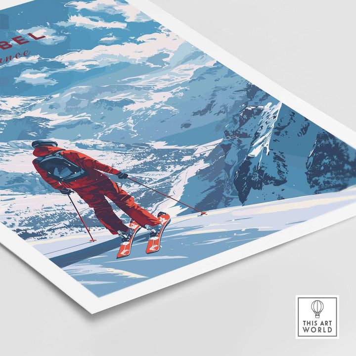 Meribel travel poster showcasing a skier on snowy slopes, capturing the thrill of skiing in France's picturesque landscape.