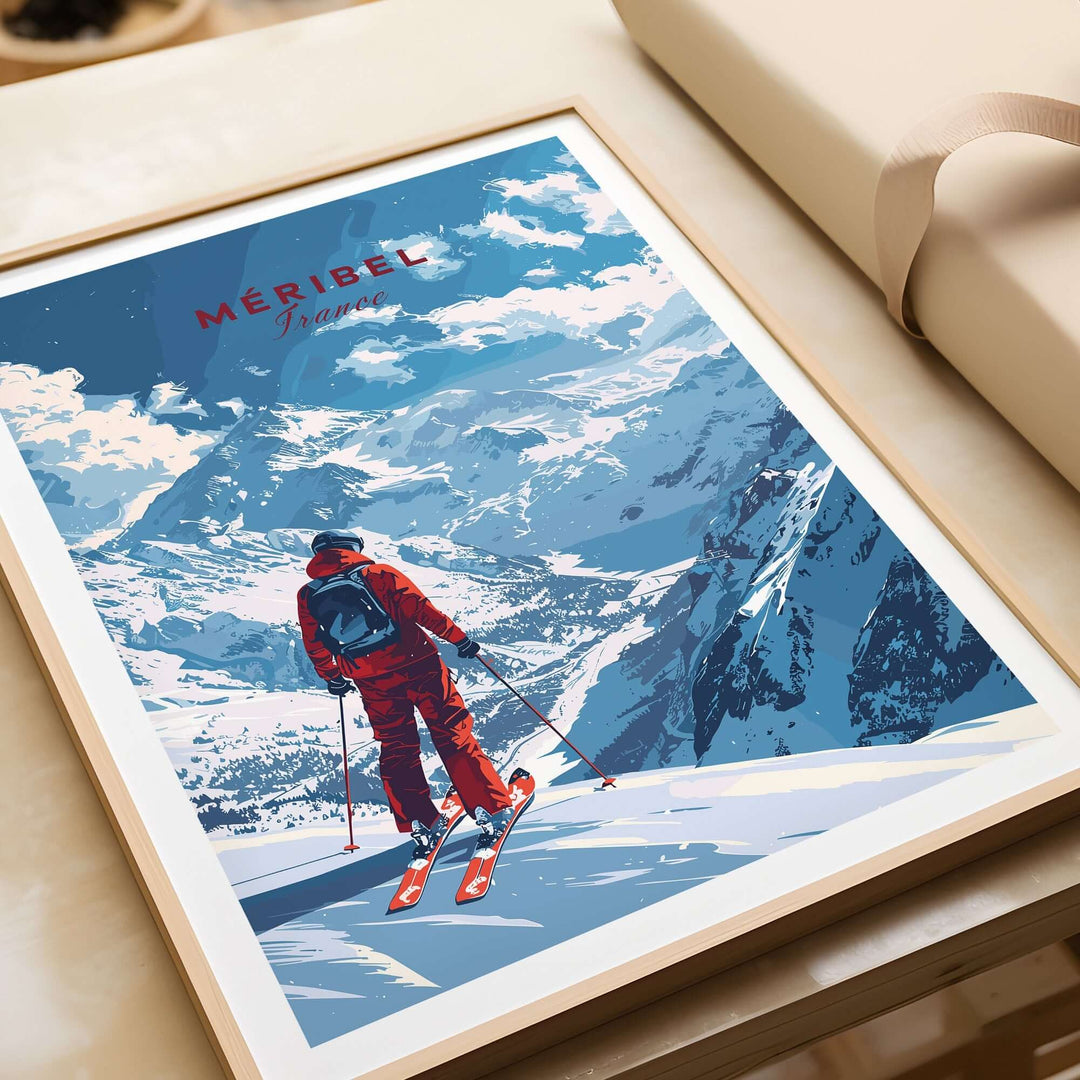 Meribel travel poster showcasing a skier on a snowy slope in the French Alps, capturing the essence of a ski holiday.