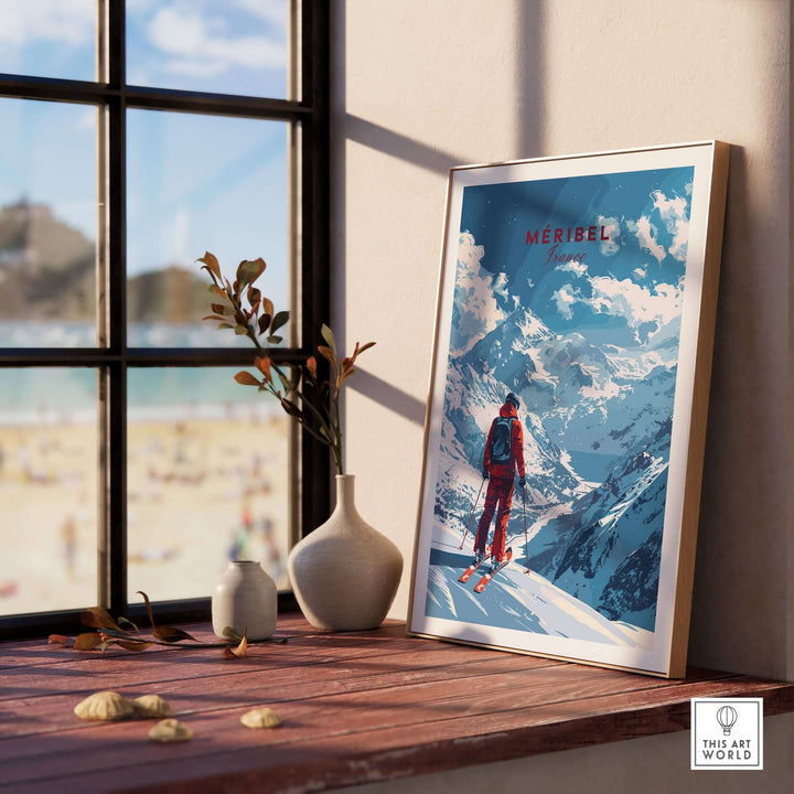 Meribel travel poster featuring a skier against a snowy mountain backdrop, perfect for ski wall art in any home decor.