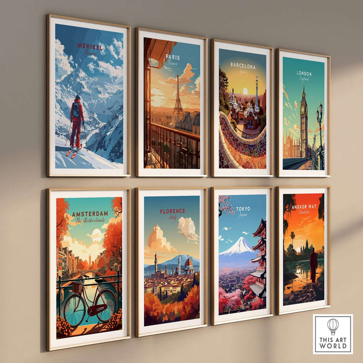 A collection of travel posters featuring Meribel, Paris, Barcelona, London, Amsterdam, Florence, Tokyo, and Angkor Wat in vibrant colors.