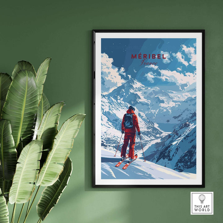 Meribel travel poster showcasing a skier on a snowy mountain, perfect for adding a ski holiday vibe to your home decor.