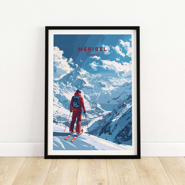 Meribel travel poster featuring a skier in a stunning snowy landscape in France, perfect for ski wall art and adventure lovers.