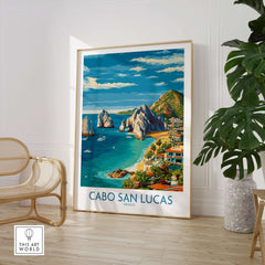 Mexico Cabo San Lucas Coastline Travel Poster Resort View Print Seascape Wall Art showcasing vibrant coastline and rocky outcrops.