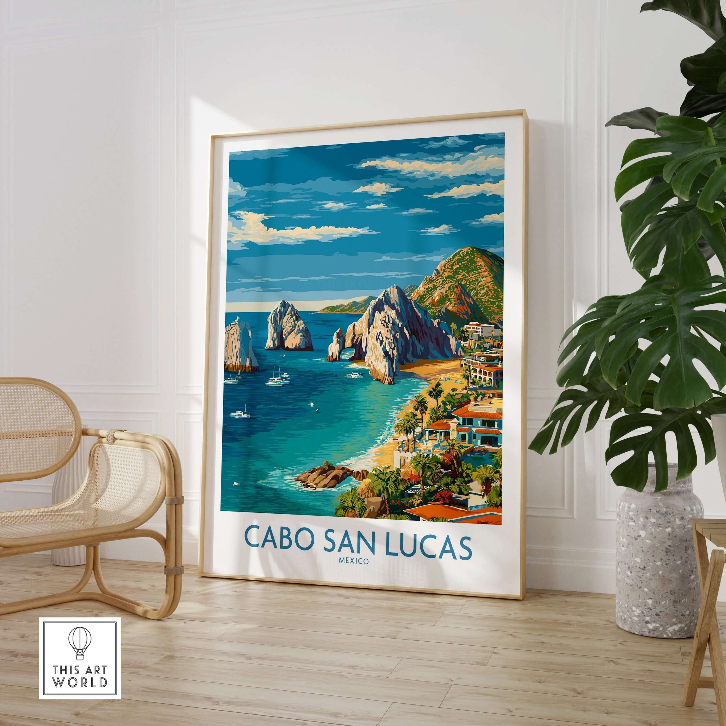 Mexico Cabo San Lucas Coastline Travel Poster Resort View Print Seascape Wall Art showcasing vibrant coastline and rocky outcrops.