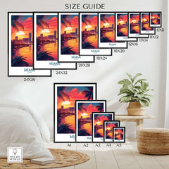 Miami Travel Poster size guide showing various dimensions and vibrant Miami sunset design.