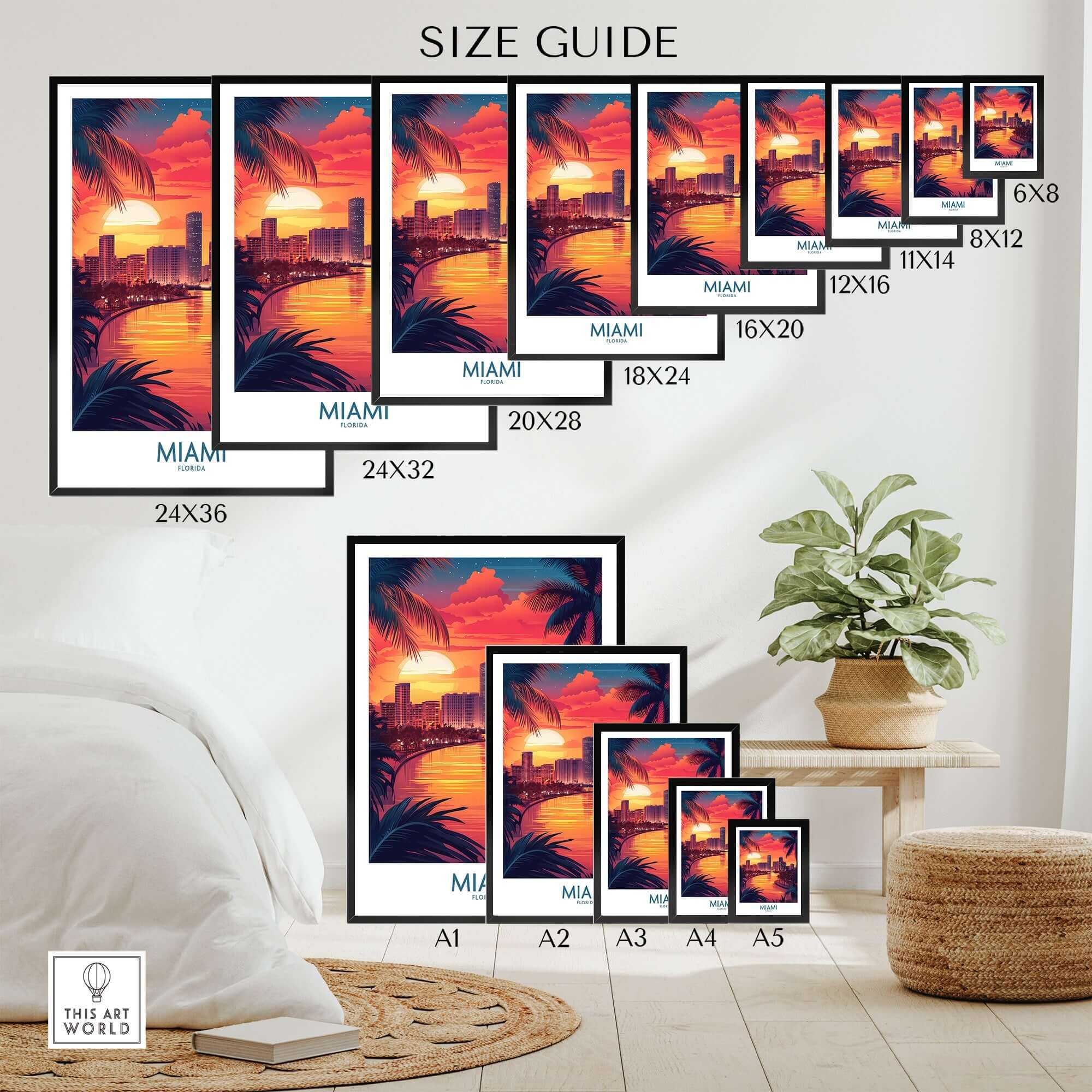 Miami Travel Poster size guide showing various dimensions and vibrant Miami sunset design.