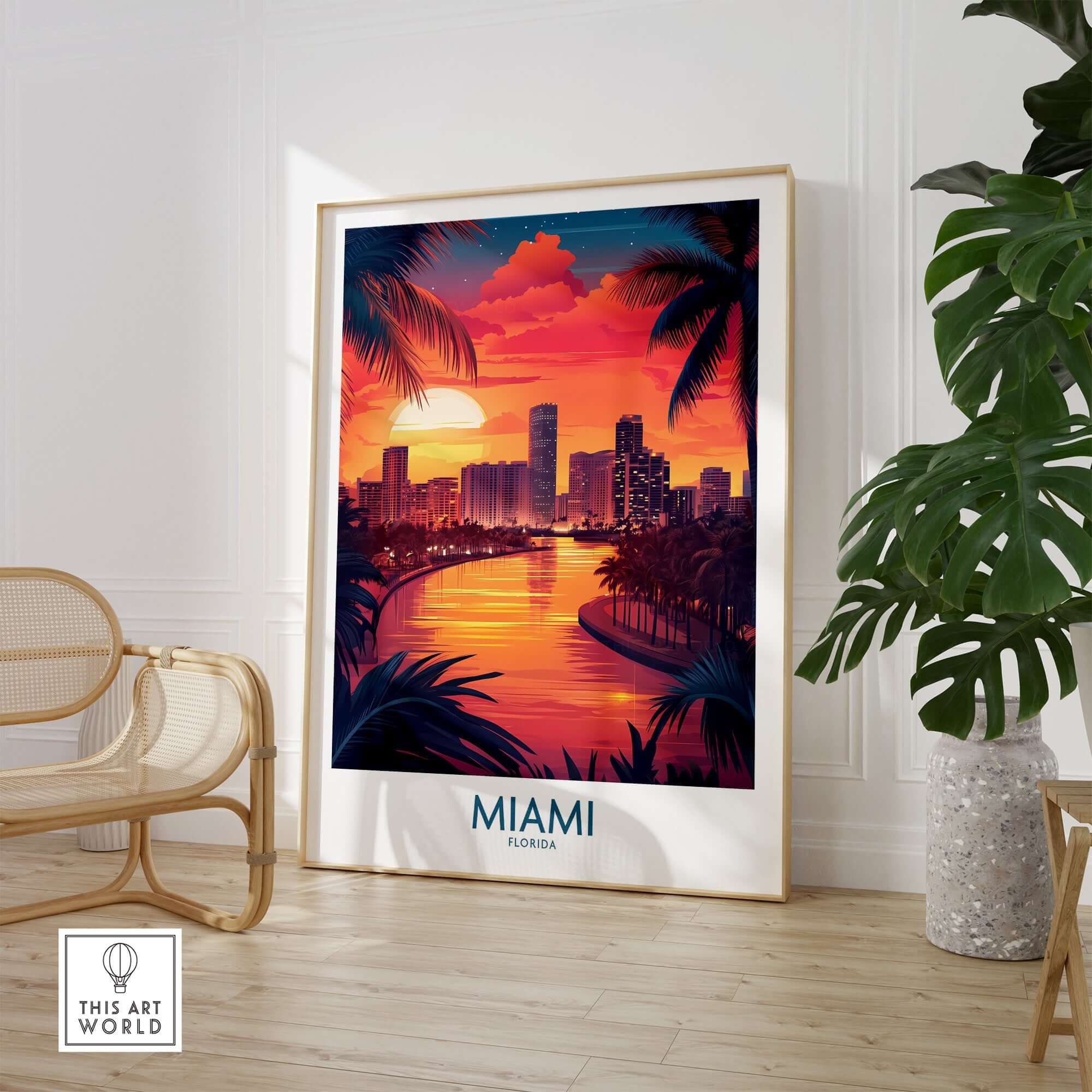 Miami Travel Poster featuring a vibrant sunset and cityscape, perfect for Florida wall art.