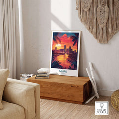 Miami Travel Poster showcasing a vibrant sunset over the cityscape, perfect for bringing Florida wall art into your home.