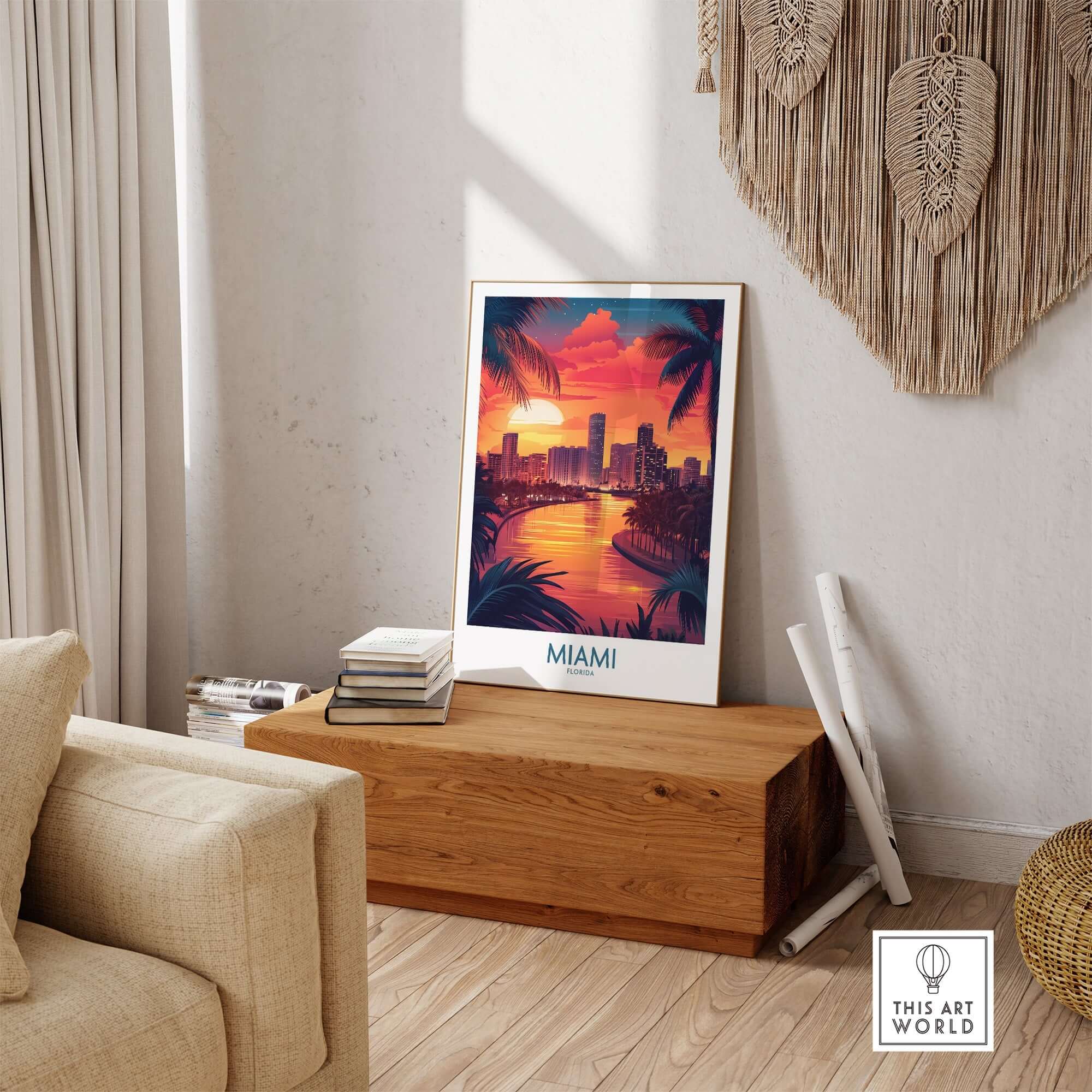 Miami Travel Poster showcasing a vibrant sunset over the cityscape, perfect for bringing Florida wall art into your home.