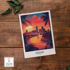 Miami Travel Poster featuring a vibrant sunset over the city, palm trees, and the Florida skyline.