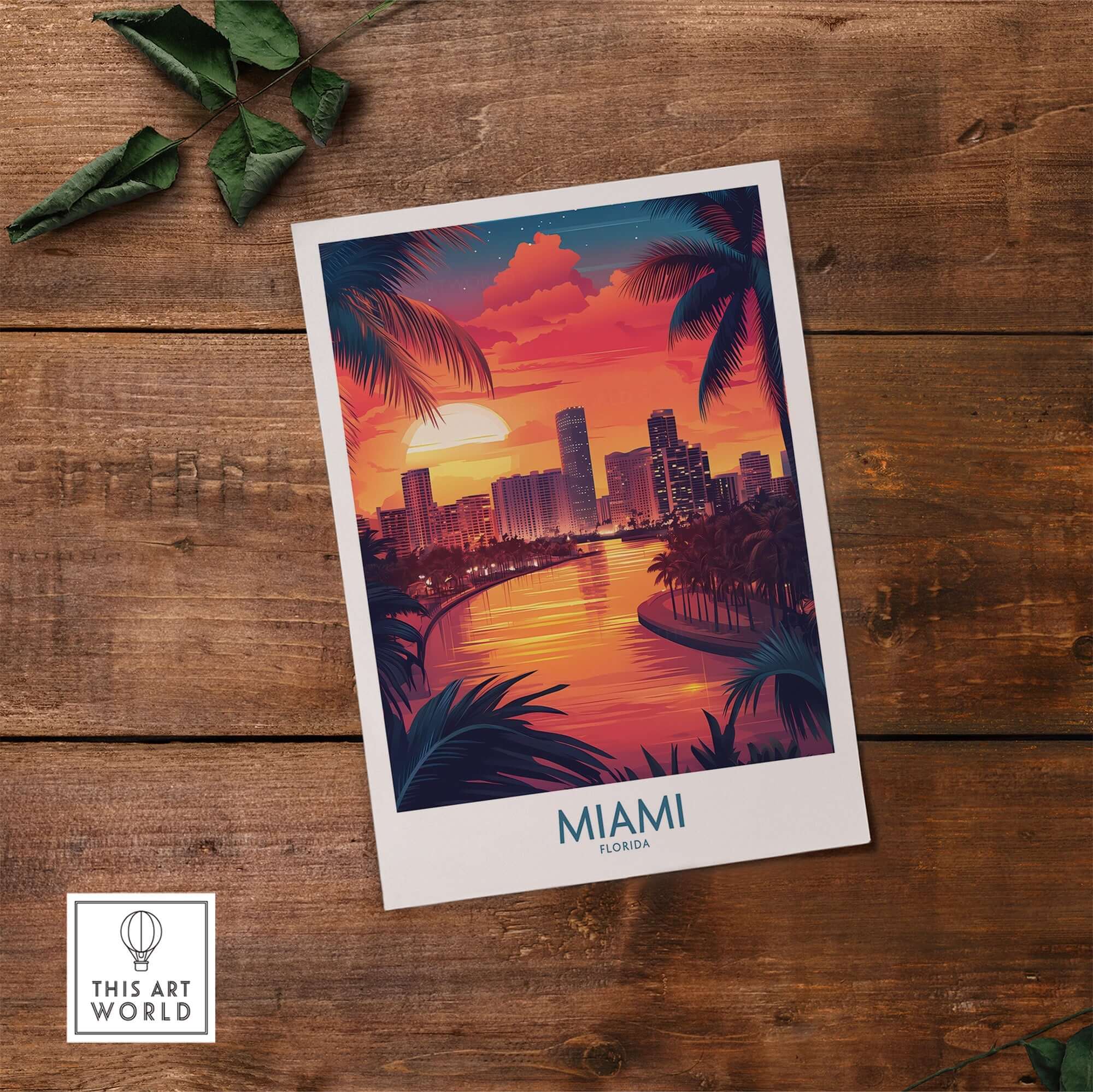 Miami Travel Poster featuring a vibrant sunset over the city, palm trees, and the Florida skyline.