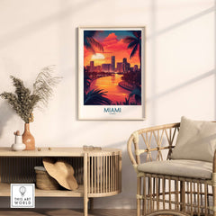 Miami Travel Poster showcasing a sunset over the city skyline, perfect Florida wall art for home decor.