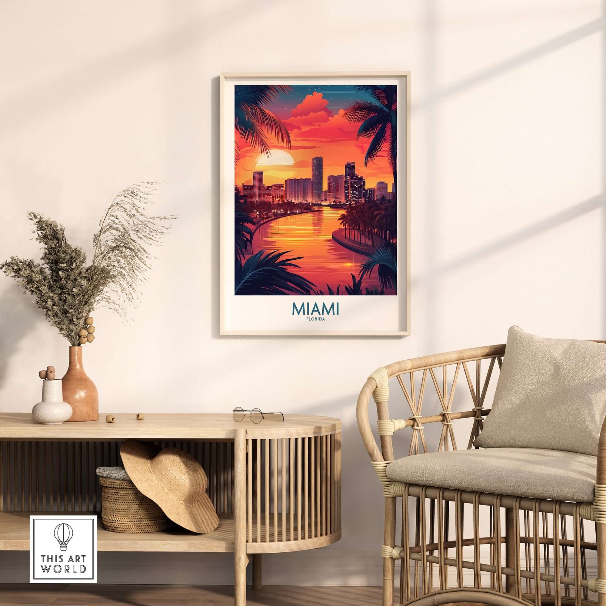 Miami Travel Poster showcasing a sunset over the city skyline, perfect Florida wall art for home decor.