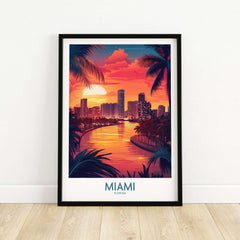 Miami Travel Poster featuring vibrant sunset colors and cityscape with palm trees in Florida.