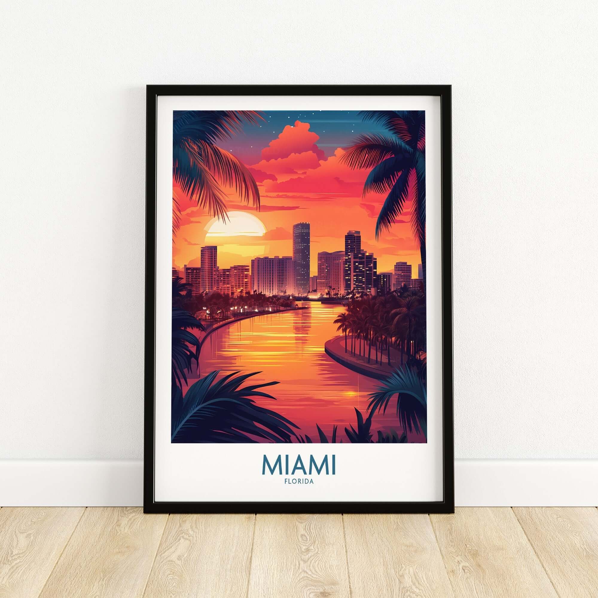 Miami Travel Poster featuring vibrant sunset colors and cityscape with palm trees in Florida.