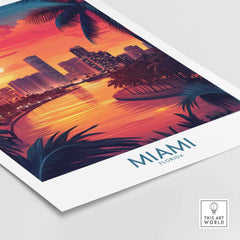 Miami Travel Poster depicting a vibrant sunset over Miami's skyline and picturesque waterfront.