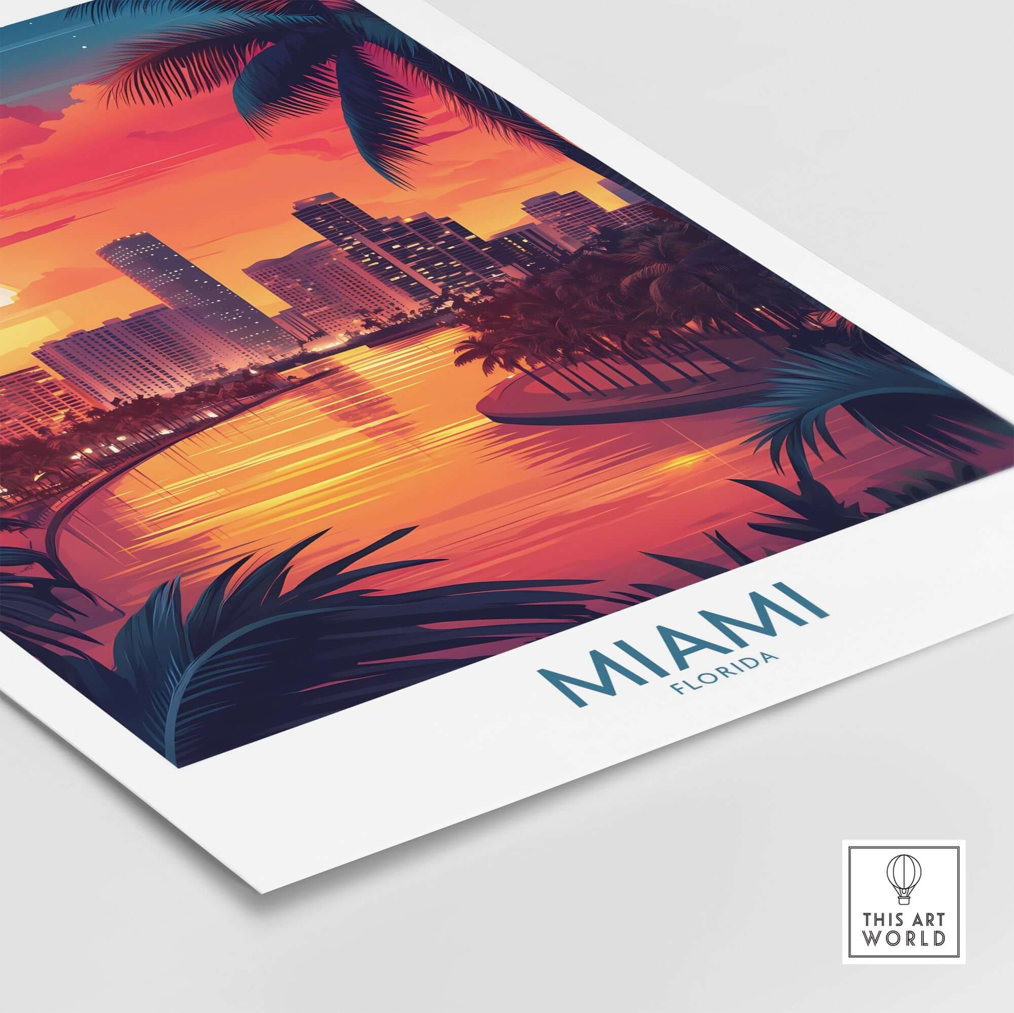 Miami Travel Poster depicting a vibrant sunset over Miami's skyline and picturesque waterfront.