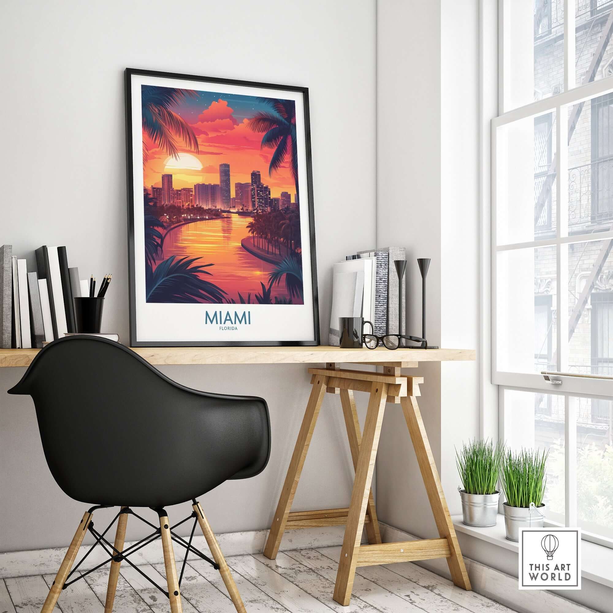 Miami Travel Poster showcasing a vibrant sunset over Miami's skyline, perfect for home decor.