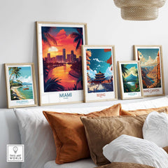 Miami Travel Poster displayed among other travel posters on a stylish wall, showcasing vibrant colors and wanderlust inspiration.