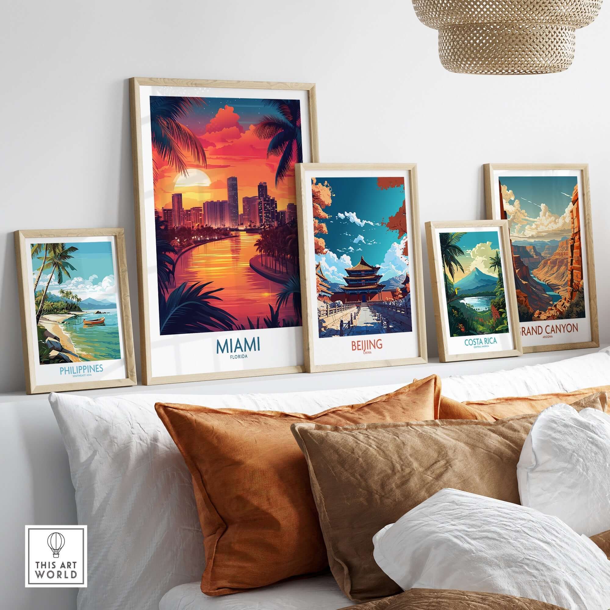 Miami Travel Poster displayed among other travel posters on a stylish wall, showcasing vibrant colors and wanderlust inspiration.