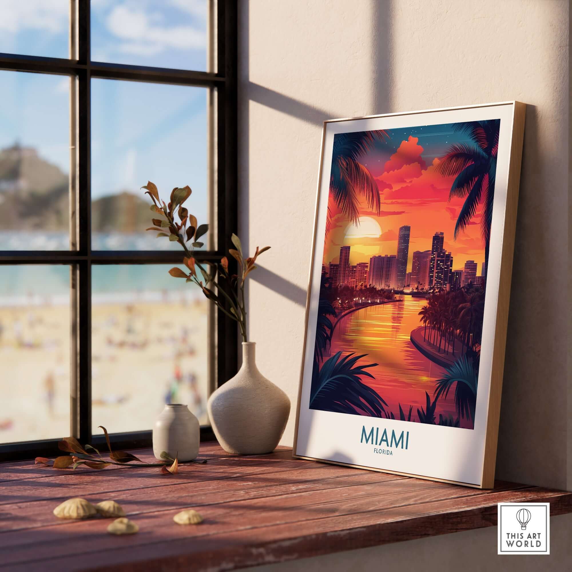 Miami Travel Poster showcasing vibrant sunset and city skyline, perfect wall art for Miami enthusiasts.