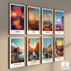 Miami Travel Poster and other famous city travel posters displayed in a cozy wall art arrangement.