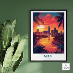 Miami Travel Poster featuring a vibrant sunset and cityscape, perfect for bringing Florida's beauty to your home.