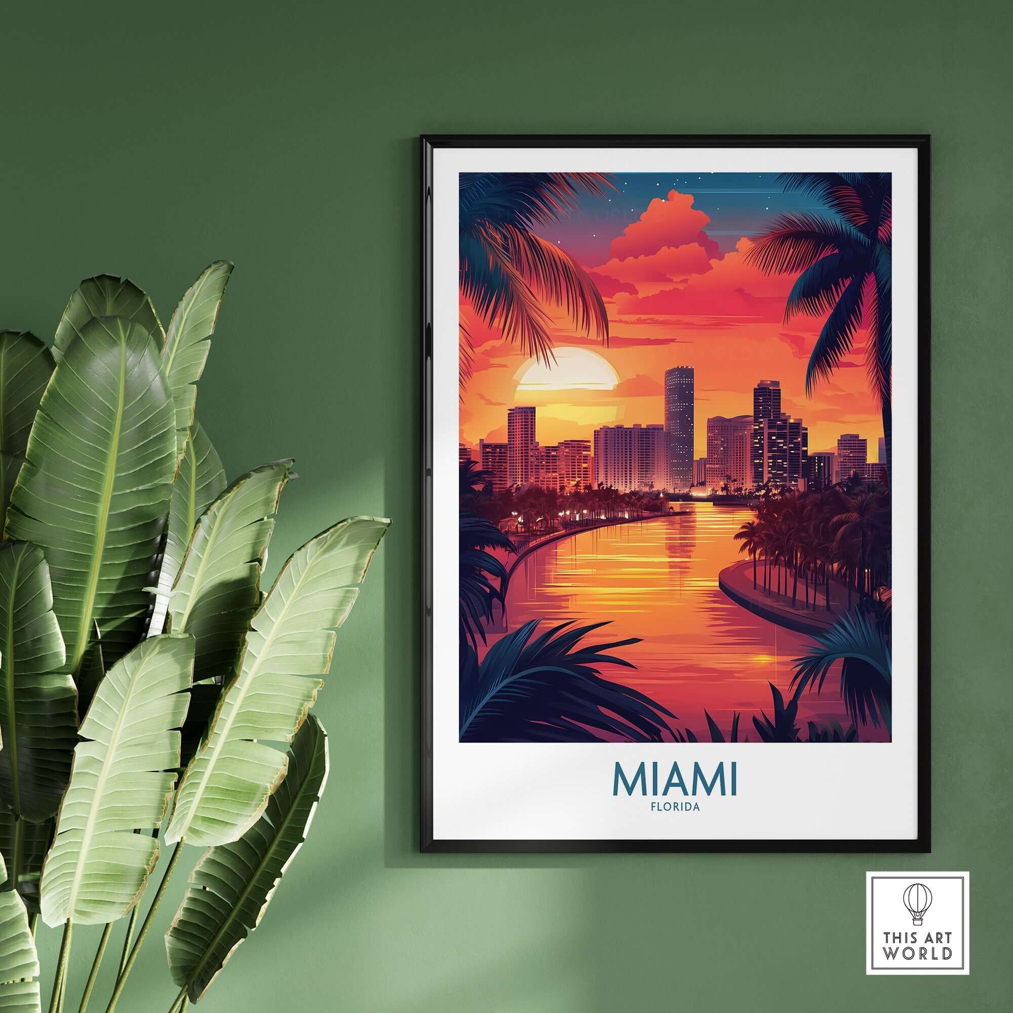 Miami Travel Poster featuring a vibrant sunset and cityscape, perfect for bringing Florida's beauty to your home.