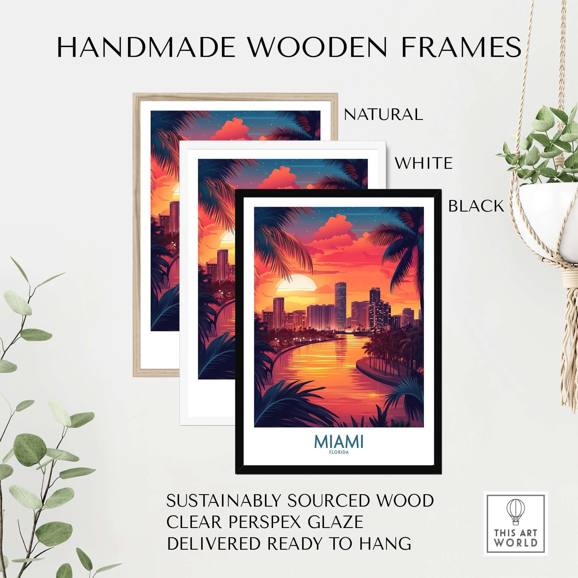 Miami Travel Poster framed in natural, white, and black handmade wooden frames, showcasing vibrant Miami sunset.