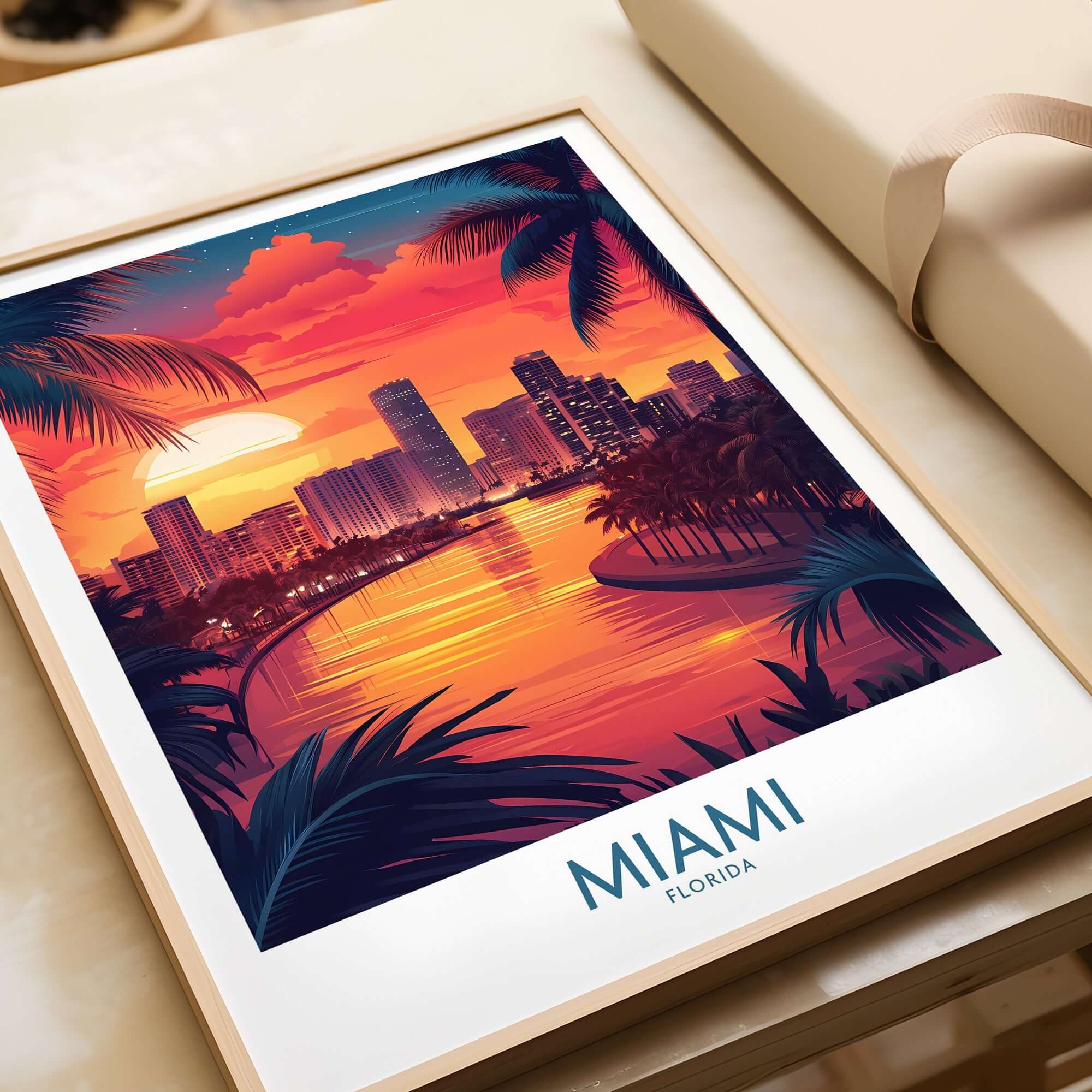 Miami Travel Poster showcasing a vibrant sunset over the cityscape and beaches of Miami, Florida.