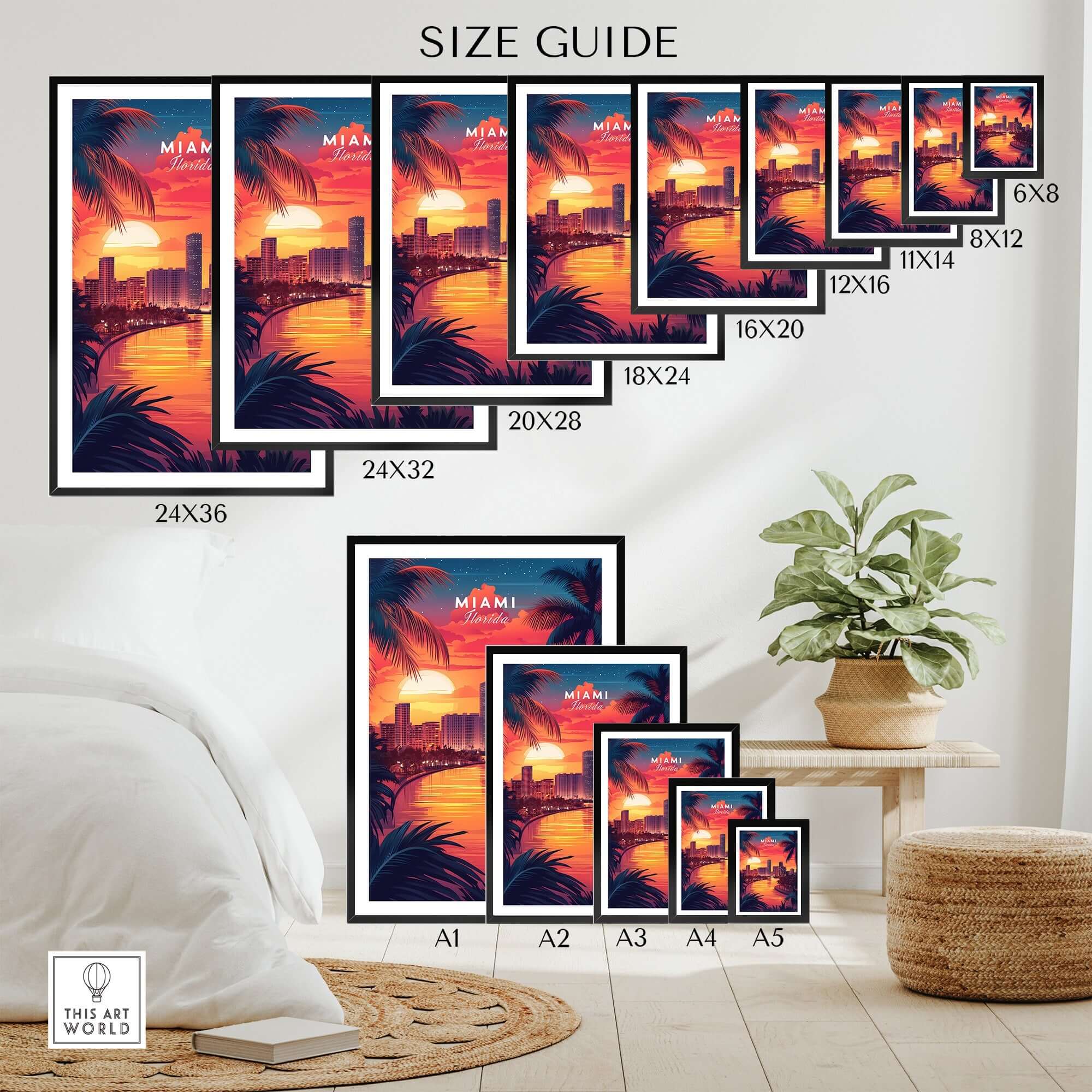 Miami Travel Print size guide showcasing various frame sizes and vibrant sunset artwork.