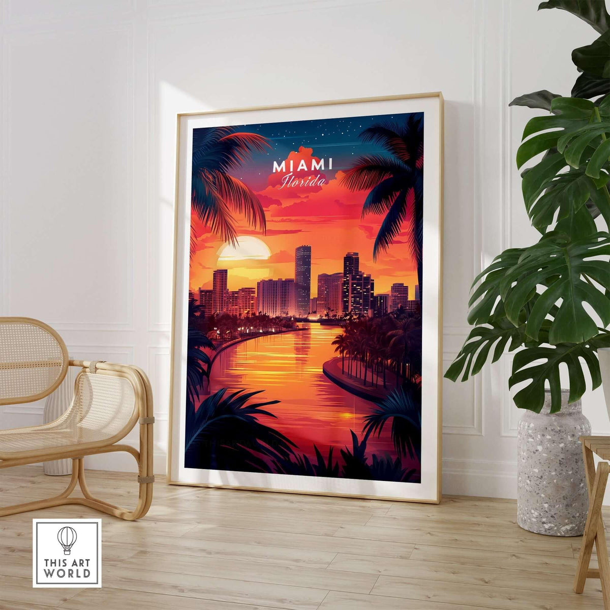 Miami Travel Print showcasing a vibrant sunset over Miami's skyline, perfect for adding warmth to any space.